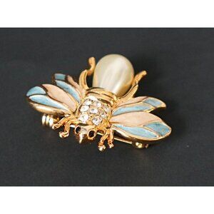 Bee Jelly Belly Pearl Brooch Pin Gold Tone Rhinestones